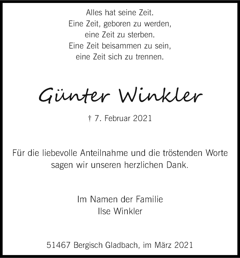  Traueranzeige für Günter Winkler vom 06.03.2021 aus Kölner Stadt-Anzeiger / Kölnische Rundschau / Express