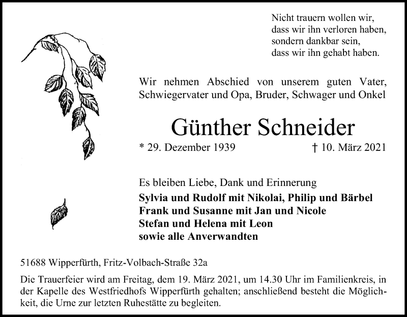  Traueranzeige für Günther Schneider vom 16.03.2021 aus Kölner Stadt-Anzeiger / Kölnische Rundschau / Express