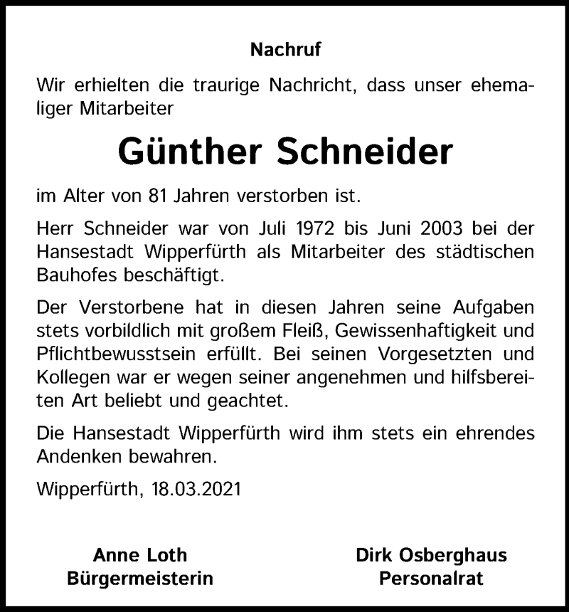  Traueranzeige für Günther Schneider vom 23.03.2021 aus Kölner Stadt-Anzeiger / Kölnische Rundschau / Express
