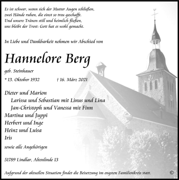 Anzeige von Hannelore Berg von  Anzeigen Echo 