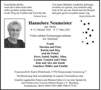 Anzeige von Hannelore Neumeister von  Anzeigen Echo 