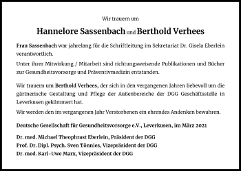 Anzeige von Hannelore Sassenbach von Kölner Stadt-Anzeiger / Kölnische Rundschau / Express
