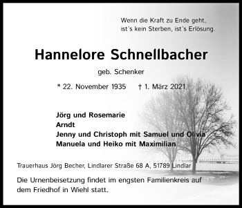 Anzeige von Hannelore Schnellbacher von Kölner Stadt-Anzeiger / Kölnische Rundschau / Express