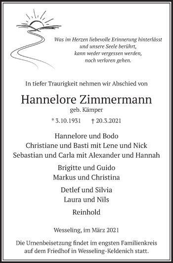 Anzeige von Hannelore Zimmermann von  Schlossbote/Werbekurier 