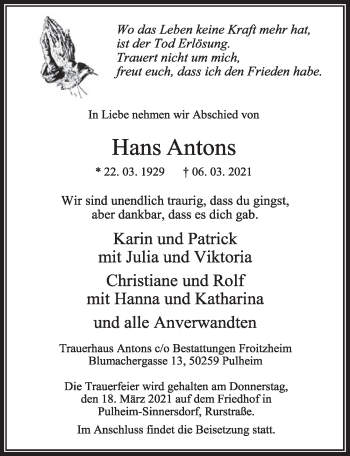 Anzeige von Hans Antons von  Wochenende 