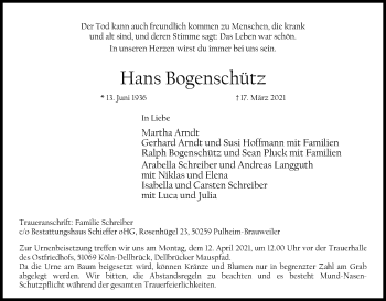 Anzeige von Hans Bogenschütz von Kölner Stadt-Anzeiger / Kölnische Rundschau / Express
