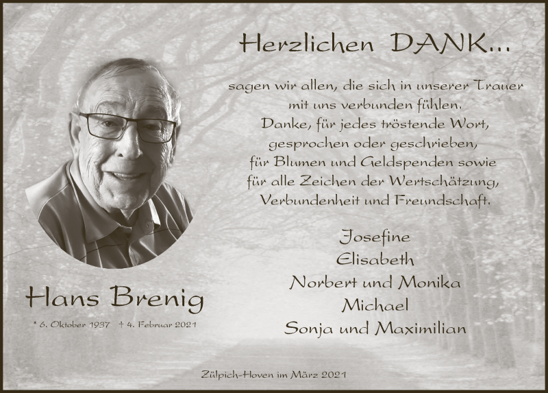  Traueranzeige für Hans Brenig vom 06.03.2021 aus  Blickpunkt Euskirchen 