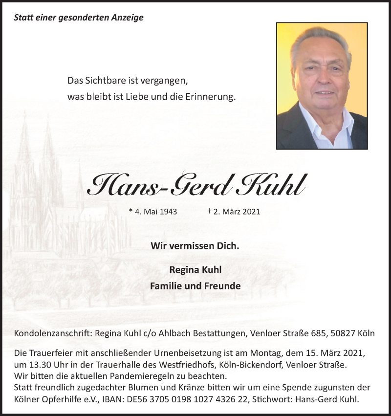  Traueranzeige für Hans-Gerd Kuhl vom 06.03.2021 aus Kölner Stadt-Anzeiger / Kölnische Rundschau / Express