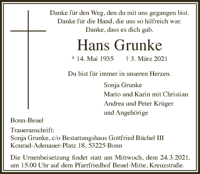  Traueranzeige für Hans Grunke vom 12.03.2021 aus  Schaufenster/Blickpunkt 