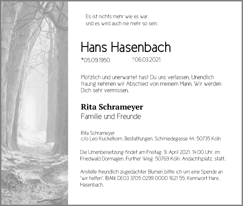  Traueranzeige für Hans Hasenbach vom 27.03.2021 aus Kölner Stadt-Anzeiger / Kölnische Rundschau / Express