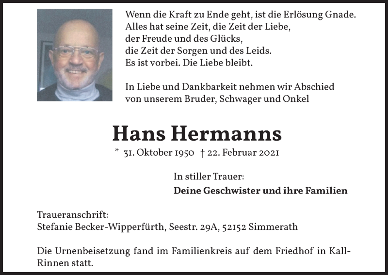  Traueranzeige für Hans Hermanns vom 06.03.2021 aus Kölner Stadt-Anzeiger / Kölnische Rundschau / Express