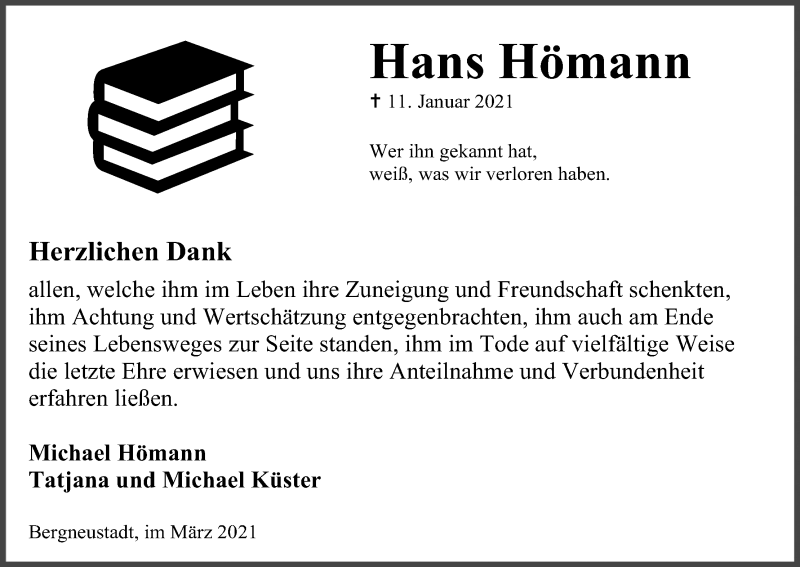  Traueranzeige für Hans Hömann vom 03.03.2021 aus Kölner Stadt-Anzeiger / Kölnische Rundschau / Express