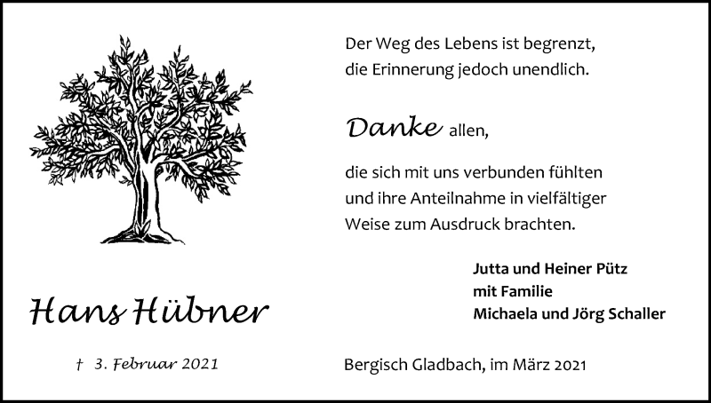  Traueranzeige für Hans Hübner vom 06.03.2021 aus Kölner Stadt-Anzeiger / Kölnische Rundschau / Express