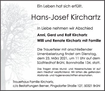 Anzeige von Hans-Josef Kirchartz von  Schlossbote/Werbekurier 