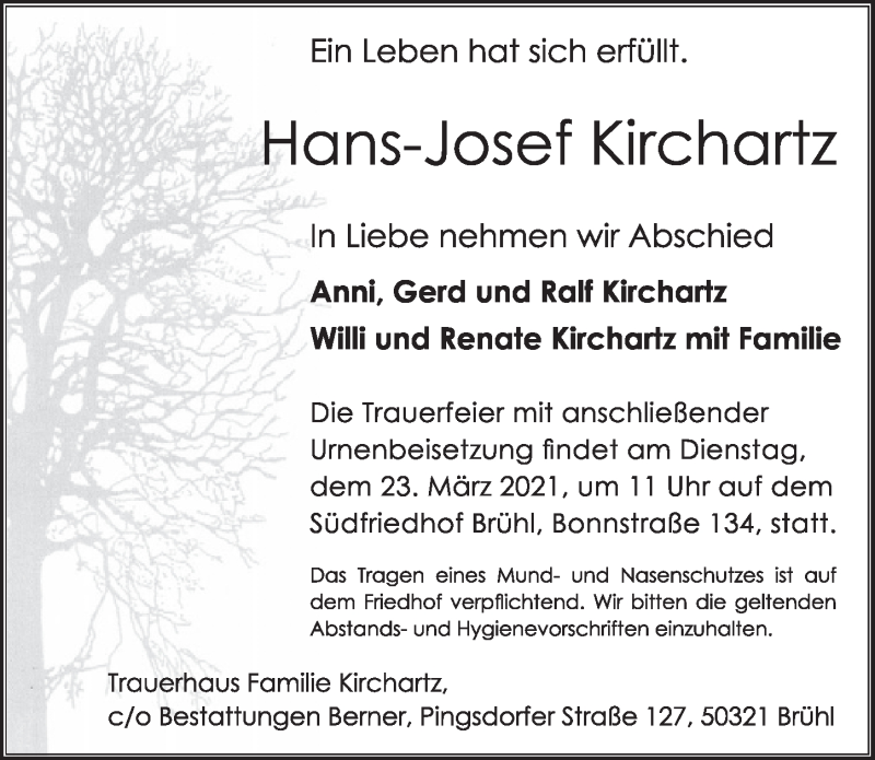  Traueranzeige für Hans-Josef Kirchartz vom 12.03.2021 aus  Schlossbote/Werbekurier 