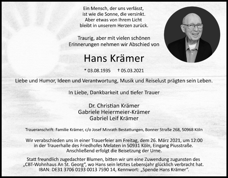  Traueranzeige für Hans Krämer vom 20.03.2021 aus Kölner Stadt-Anzeiger / Kölnische Rundschau / Express