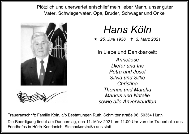  Traueranzeige für Hans Köln vom 06.03.2021 aus Kölner Stadt-Anzeiger / Kölnische Rundschau / Express