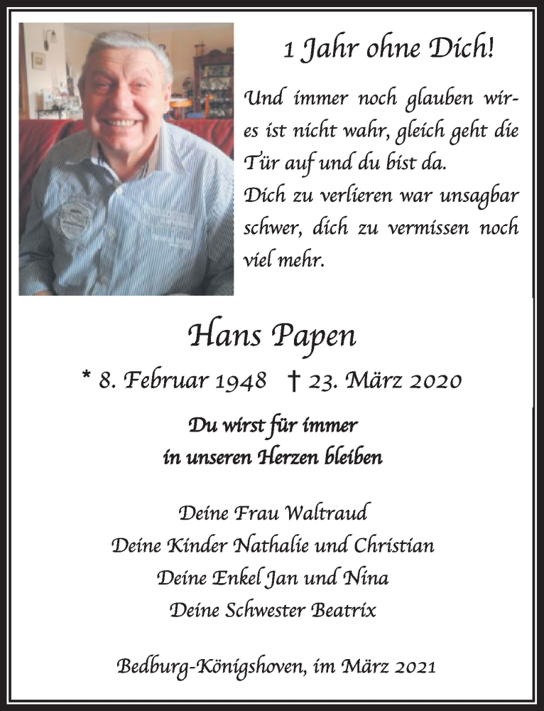  Traueranzeige für Hans Papen vom 19.03.2021 aus  Werbepost 