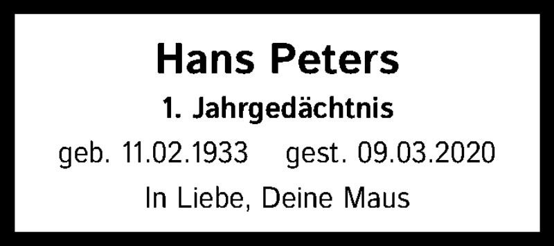  Traueranzeige für Hans Peters vom 09.03.2021 aus Kölner Stadt-Anzeiger / Kölnische Rundschau / Express