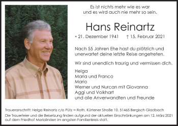 Anzeige von Hans Reinartz von Kölner Stadt-Anzeiger / Kölnische Rundschau / Express