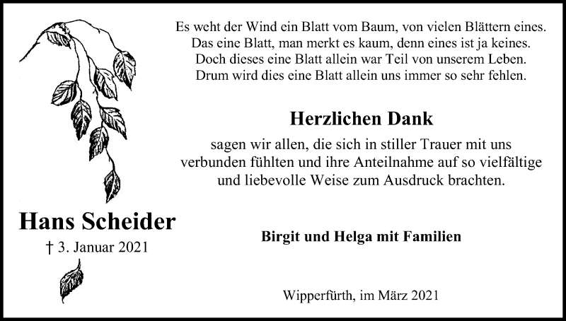  Traueranzeige für Hans Scheider vom 13.03.2021 aus Kölner Stadt-Anzeiger / Kölnische Rundschau / Express