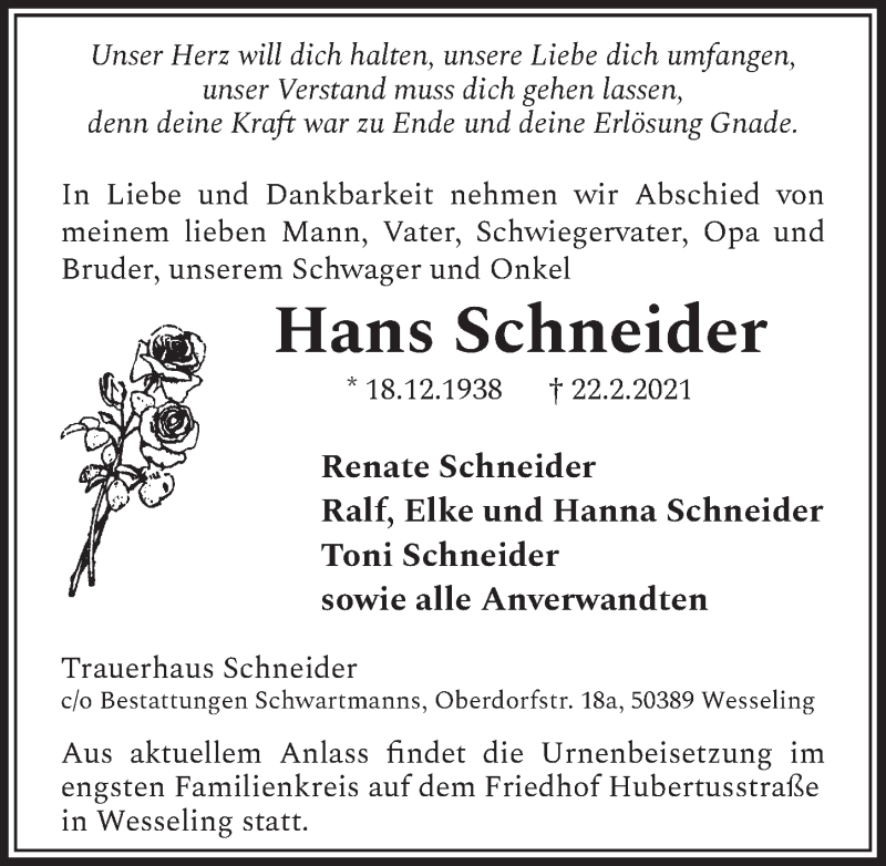  Traueranzeige für Hans Schneider vom 05.03.2021 aus  Schlossbote/Werbekurier 