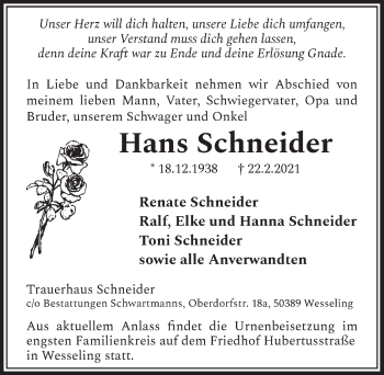 Anzeige von Hans Schneider von  Schlossbote/Werbekurier 