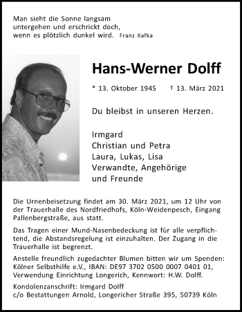 Anzeige von Hans-Werner Dolff von Kölner Stadt-Anzeiger / Kölnische Rundschau / Express