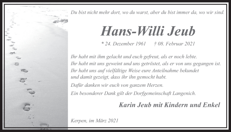  Traueranzeige für Hans-Willi Jeub vom 19.03.2021 aus  Werbepost 