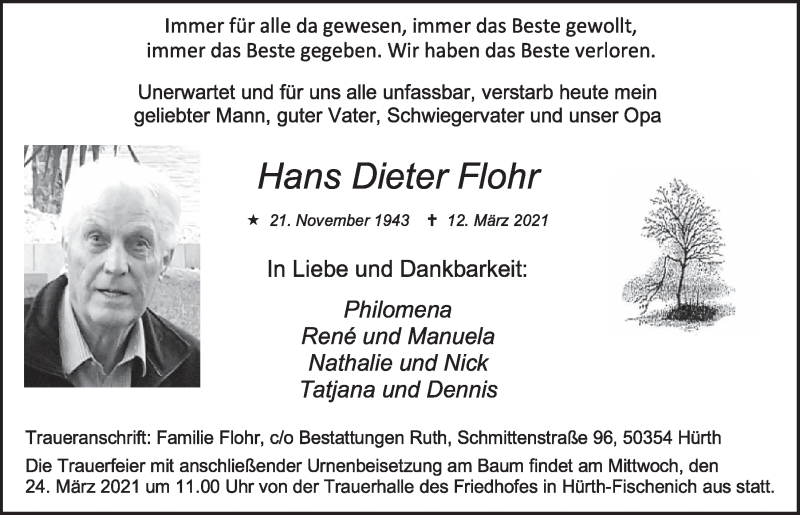  Traueranzeige für Hans Dieter Flohr vom 19.03.2021 aus  Wochenende 