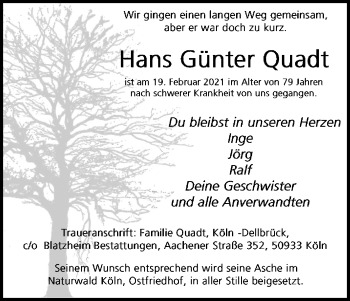 Anzeige von Hans Günter Quadt von Kölner Stadt-Anzeiger / Kölnische Rundschau / Express