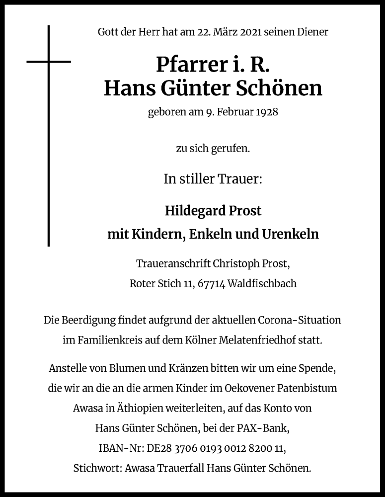  Traueranzeige für Hans Günter Schönen vom 25.03.2021 aus Kölner Stadt-Anzeiger / Kölnische Rundschau / Express