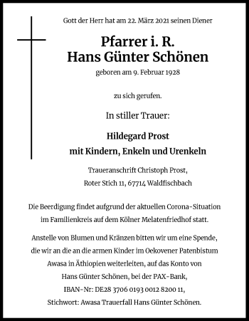 Anzeige von Hans Günter Schönen von Kölner Stadt-Anzeiger / Kölnische Rundschau / Express