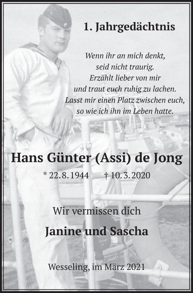  Traueranzeige für Hans Günter de Jong vom 05.03.2021 aus  Schlossbote/Werbekurier 