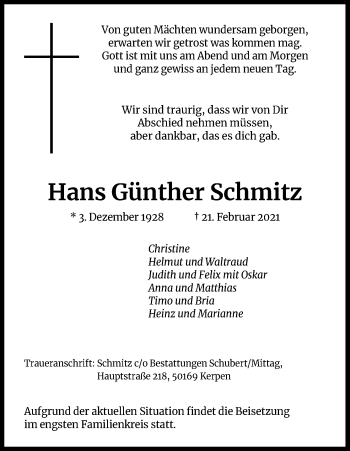 Anzeige von Hans Günther Schmitz von Kölner Stadt-Anzeiger / Kölnische Rundschau / Express