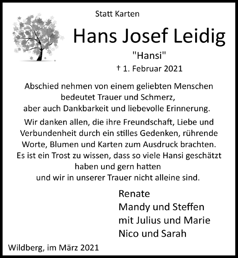  Traueranzeige für Hans Josef Leidig vom 19.03.2021 aus  Anzeigen Echo  Lokalanzeiger 