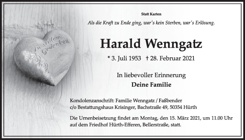  Traueranzeige für Harald Wenngatz vom 12.03.2021 aus  Wochenende 