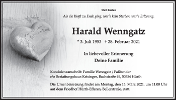 Anzeige von Harald Wenngatz von  Wochenende 
