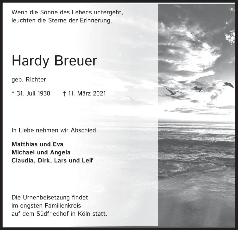  Traueranzeige für Hardy Breuer vom 20.03.2021 aus Kölner Stadt-Anzeiger / Kölnische Rundschau / Express