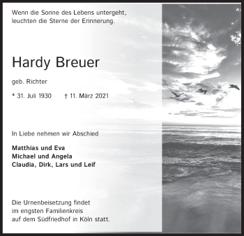 Anzeige von Hardy Breuer von Kölner Stadt-Anzeiger / Kölnische Rundschau / Express