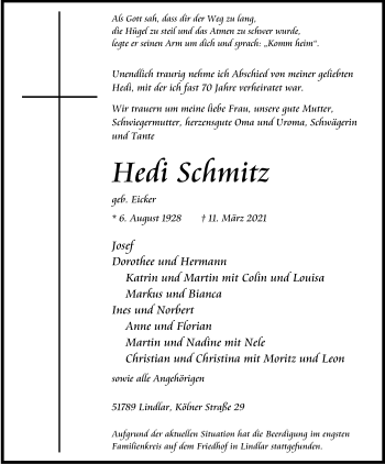 Anzeige von Hedi Schmitz von Kölner Stadt-Anzeiger / Kölnische Rundschau / Express