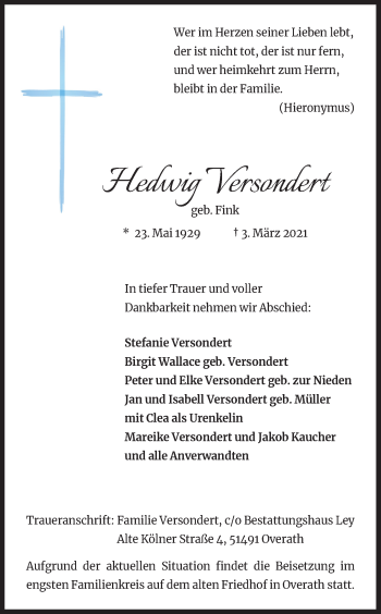Anzeige von Hedwig Versondert von Kölner Stadt-Anzeiger / Kölnische Rundschau / Express