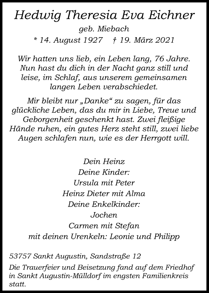  Traueranzeige für Hedwig Theresia Eva Eichner vom 27.03.2021 aus Kölner Stadt-Anzeiger / Kölnische Rundschau / Express