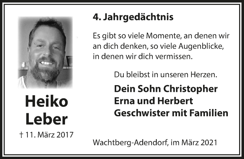  Traueranzeige für Heiko Leber vom 12.03.2021 aus  Schaufenster/Blickpunkt 