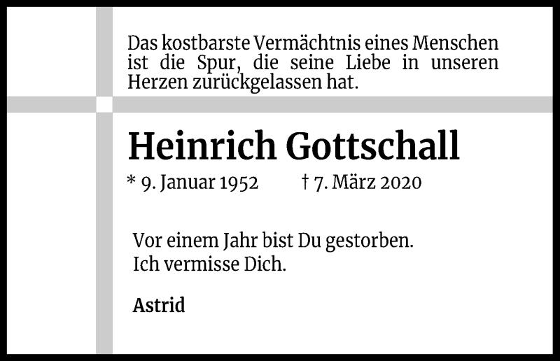  Traueranzeige für Heinrich Gottschall vom 06.03.2021 aus Kölner Stadt-Anzeiger / Kölnische Rundschau / Express