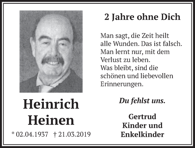  Traueranzeige für Heinrich Heinen vom 19.03.2021 aus  Werbepost 