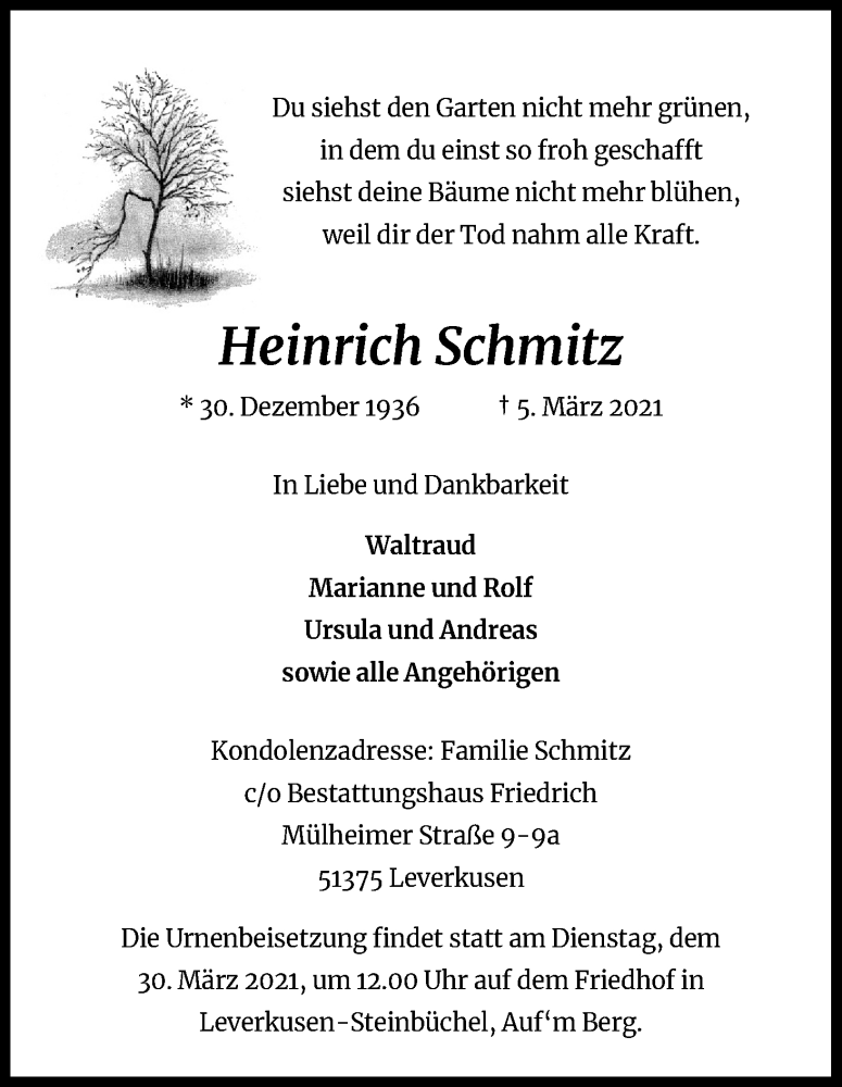  Traueranzeige für Heinrich Schmitz vom 13.03.2021 aus Kölner Stadt-Anzeiger / Kölnische Rundschau / Express