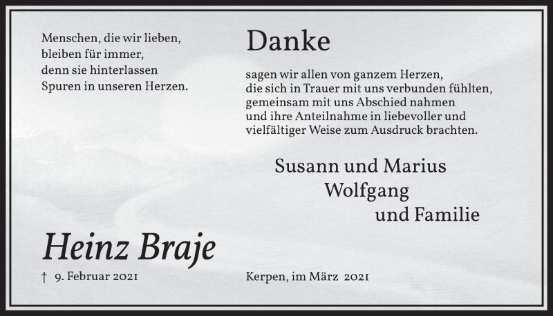  Traueranzeige für Heinz Braje vom 19.03.2021 aus  Werbepost 