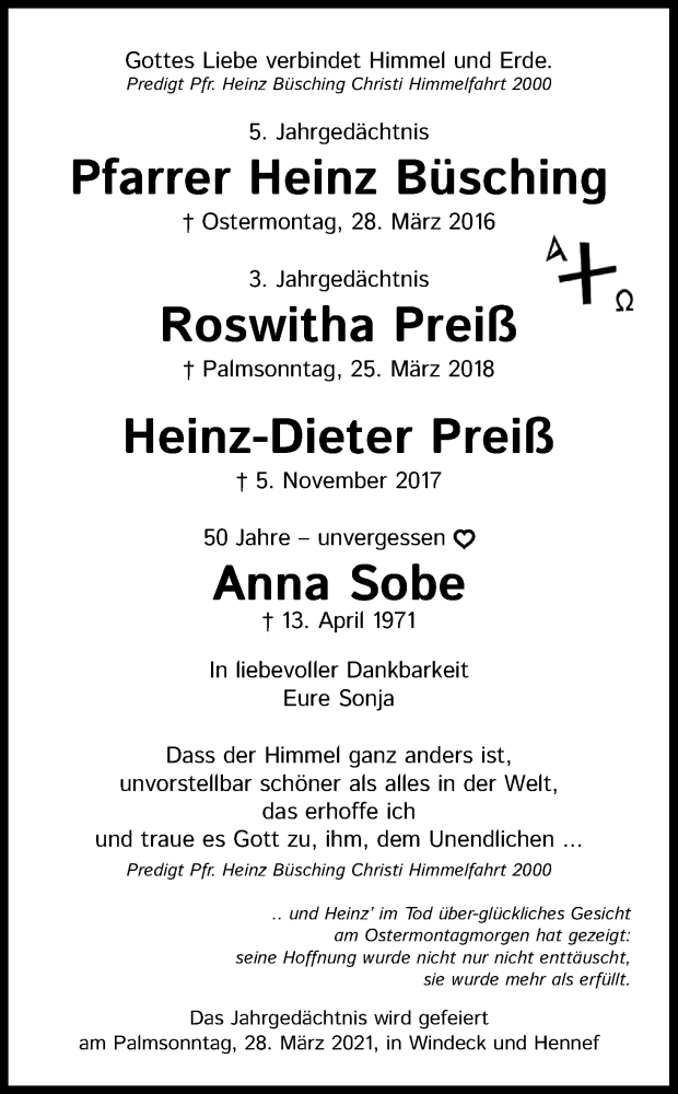  Traueranzeige für Heinz Büsching vom 25.03.2021 aus Kölner Stadt-Anzeiger / Kölnische Rundschau / Express
