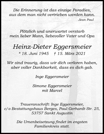 Anzeige von Heinz-Dieter Eggersmeier von Kölner Stadt-Anzeiger / Kölnische Rundschau / Express